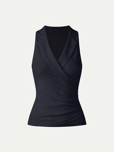 Collared Surplice Tank Chic Sleeveless Top With Built-in Bra, Fitted Tank Vest With Built-in Bra, Chic Tank Vest With Built-in Bra, Chic Fitted Sleeveless Vest, Sleeveless Tops With Built-in Bra, Chic Sleeveless Vest Top, Versatile Fitted Cami Tank Top, Fitted Camisole Vest, Chic Sleeveless Stretch Tops