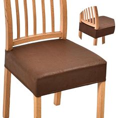 a wooden chair with a brown seat and back cushion next to a small wood chair