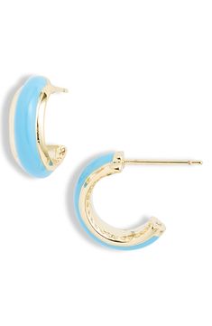 Hand-painted enamel gives cool contrast to warm 14-karat-gold plating in go-to hoop earrings. 1/2" drop; 1/4" width Post back 14k-gold plate/enamel Imported Gold Light, Earrings In Gold, Huggie Hoop Earrings, Cute Earrings, Kendra Scott, Gold Plating, Jean Shorts, Jewelry Box, Gold Plate