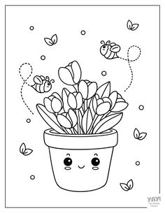 a potted plant with flowers in it and bees flying around the plants coloring page