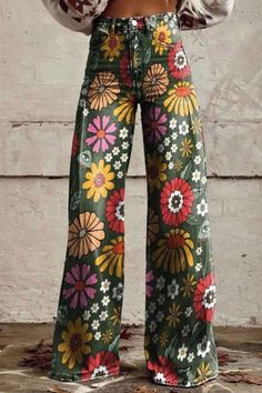 Infuse your wardrobe with retro flair with these Women's Vintage Flower Daisy Print Wide Leg Jeans. The delightful daisy pattern adds a whimsical touch to these casual pants, perfect for expressing your unique style. Embrace nostalgia while staying effortlessly chic in these statement-making jeans. Multicolor Full-length Jeans For Summer, Multicolor Full Length Jeans For Summer, Multicolor Full-length Jeans For Spring, Multicolor Full Length Jeans For Spring, Spring Multicolor Full-length Jeans, Green High Waist Printed Bottoms, Green High-waisted Printed Bottoms, Trendy Green Printed Pants, Spring Printed High Waist Bottoms