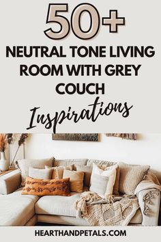 A living room featuring a grey couch and neutral tones. Neutral Style Living Room, Neutral Pillows For Gray Couch, Tan And Gray Living Room Ideas, Grey Couch With Brown Accents, Light Gray Couch Decor, Gray Couch Throw Pillow Ideas, How To Style A Grey Couch, Beige Couch Throw Pillow Ideas