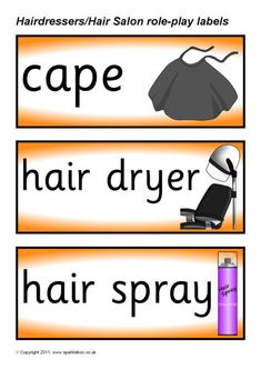 two signs with the words cape, hair dryer, hair spray and salon policy labels