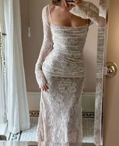 #white #dress #aesthetic #outfits #mirror #door #ootd #style #elegant #classy #fashion #model Belt Skirt, Office Dresses For Women, Slip Dresses, Jacquard Dress, Lace Maxi, Long Style, Lace Fashion, Lace Maxi Dress, Office Lady