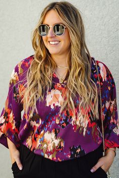 Purple Plus Size Abstract Print V-neck Long Sleeve Blouse Purple Style, Plus Size Blouse, Purple Blouse, Chambray Dress, Puff Sleeve Blouse, Blouse Online, Mini Shift Dress, Purple Fashion, Plus Size Blouses