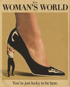 an advertisement for woman's world featuring a man holding up a high heeled shoe