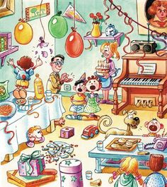 an image of children playing with toys in the living room at christmas time, illustration