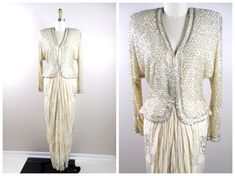 "This is an exquisite vintage evening gown embellished with silver beading. Very beautiful and in excellent condition! Bust - 36/38\" Waist - 27\" Hips - 38/40\" Dress Length - 56\" This dress comes from a pet-free and smoke-free home. If you would like more info or have any questions, please don't hesitate to ask!" Elegant Beaded Dresses For Vintage Events, Festive Vintage Evening Dress, Vintage Embellished Evening Dress, Embellished Floor-length Vintage Evening Dress, Vintage Formal Evening Dress For Festive Occasions, Formal Embellished Cream Gown, Vintage Festive Formal Evening Dress, Vintage Formal Festive Evening Dress, Formal Cream Embellished Gown