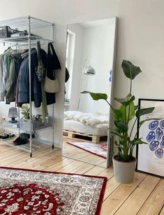 a room with a mirror, clothes rack and rugs on the floor in front of it