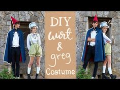 two people dressed in costumes standing next to a sign that says diy, wait and gro costume