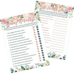 two printable baby shower games with flowers on them