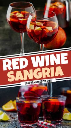 red wine sangria in glasses with lemon wedges on the side and text overlay that reads, red wine sangria