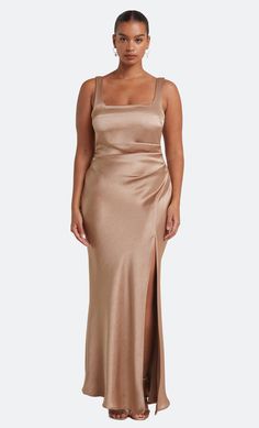 THE DREAMER SQUARE NECK DRESS - GOLDEN – BEC + BRIDGE US Wedding Guest Dresses Australia, Australian Fashion Designers, Leg Split, Guest Attire, Wedding Attire Guest, Square Neck Dress, Formal Style, China Fashion, The Gathering