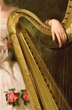 a painting of a woman holding a harp