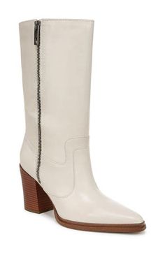 Make bold moves in this block-heel boot crafted from supple leather with a chic pointy toe and a sleek side zipper for easy entry. 2 1/4" heel 9" shaft; 12 1/2" calf circumference Leather upper/synthetic lining and sole Imported Spring Leather Knee-high Boots With Zipper, High Heel Leather Boots With Side Zipper, Leather High Heel Boots With Side Zipper, White Leather Heeled Boots With Zipper, Spring Leather Heeled Boots With Zipper, Leather Mid-calf Boots With Block Heel And Zipper, Trendy Leather Boots With Side Zipper, Heel Boot, Pointed Toe Boots