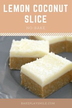 lemon coconut slice no - bake dessert on a gray plate with text overlay