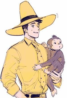 a drawing of a man in a yellow hat holding a monkey and smiling at the camera