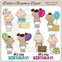 birthday boy clipart with balloons, cake and other items for the baby's first birthday