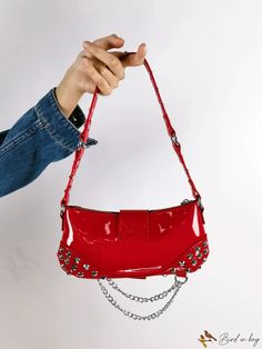 BirdinBag - Red Spiked & Chain Embellished Baguette Handbag Red Trendy Shoulder Bag, Trendy Red Shoulder Bag, Trendy Red Baguette Bag For Evening, Trendy Red Shoulder Bag With Chain Strap, Trendy Red Bags With Chain Strap, Trendy Baguette Bag With Chain Strap For Party, Trendy Party Baguette Bag With Chain Strap, Red Satchel Shoulder Bag With Chain Strap, Red Rectangular Shoulder Bag With Chain Strap