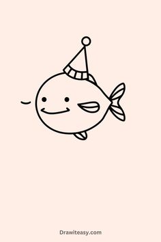 A simple, cartoon-style fish wearing a party hat, smiling with minimalistic line details.