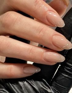 Elegant Minimal Nails, Elegant Clear Nails, Engagement Ring Nails Manicures, Earthy Tone Nail Designs, New Years French Tip Nails Sparkle, Simple Korean Nail Ideas, Natural Nail Acrylic Classy, Classy Short Almond Nails Ideas, Creative French Tip Nails Almond