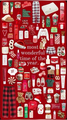 the most wonderful time of the year poster is shown in red and white, with lots of holiday items on it