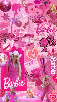 barbie doll collage with pink background and hearts, balloons, stars and other items