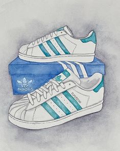 "Signed and Matted Giclee Print of Original Watercolor Painting of Aqua Teal Blue Adidas Superstar Shell Toe Sneakers A giclee print, or fine art print, is an archival print that uses high-quality pigment-based inks and acid-free fine art paper.  Matted Size (exterior dimensions) : 11\" x 14\"" Blue Graphic Print Sports Sneakers, Blue Sports Sneakers With Graphic Print, Artistic Blue Sneakers With Custom Artwork, Artistic Blue Sneakers For Streetwear, Adidas Art, Lap Top, Paper Painting, Fashion Painting, Blue Adidas