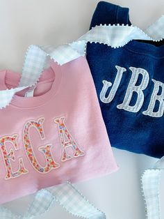 This personalized toddler sweatshirt is the perfect way to elevate everyday clothing in the cold weather months. Choose a Navy or Pink sweatshirt with your choice of coordinating fabric for the sweetest monogram touch.  In personalization box, please enter child's full name and your fabric choice. Thread will be done in a coordinating color-please note if you want a specific thread color. Personalized Long Sleeve Sweatshirt, Personalized Family Matching Sweatshirt For Fall, Cotton Sweatshirt With Name Print For Personalized Gift, Pink Cotton Sweatshirt With Letter Embroidery, Personalized Fall Sweatshirt For Gift, Monogram Ideas, Tillys Outfits, Embroidery Monogram Shirt, Pink Customizable Fall Sweatshirt