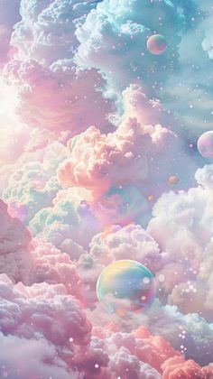 the sky is full of clouds and bubbles in pastel colors that are floating through the air