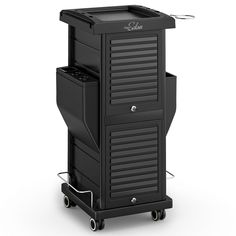 a black cart with two drawers on wheels