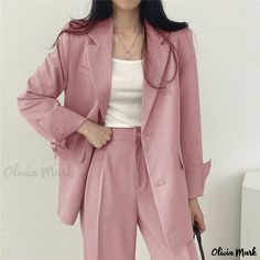 Olivia Mark - Loose-Fit White Blazer Style Outerwear Top Beige Hose, Blazer Suit Women, Khaki Blazer, Plus Size Blazer, Office Casual Outfit, Pink Suit, Pantalon Large, Long Sleeve Blazers, Pants Design