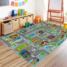 a child's play room with toys and rugs