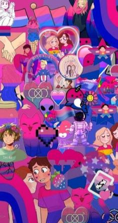 a collage of cartoon characters with hearts and other things in the background, including an image of people