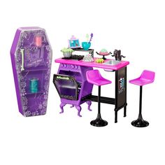 a dollhouse kitchen with purple furniture and accessories