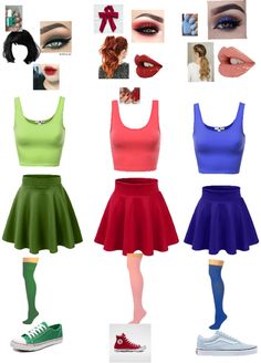 four different types of clothes and shoes with pictures on the bottom one is red, green,