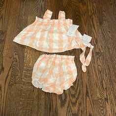 Brand New! Cute Pink/Peach Plaid Outfit Comes With Top, Shorts & Headband Summer Cotton Peach Sets, Peach Cotton Sets For Summer, Summer Peach Cotton Sets, Peach Cotton Sets For Spring, Spring Peach Cotton Sets, Cute Cotton Diaper Cover For Spring, Cute Cotton Spring Diaper Cover, White Casual Diaper Cover For Spring, White Diaper Cover For Spring