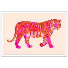 an orange and pink tiger standing in front of a white background