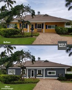 before and after photos of a house in the florida style with brick walkway, palm trees, and blue shutters