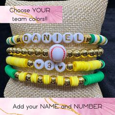 Mom Baseball Bracelets Personalized Name Braceletsbaseball Bracelets Mom Gift Stacking Braceletsmom Bracelets Heishi Bead Bracelets - Etsy Themed White Beaded Bracelets For Gift, Themed White Beaded Bracelets Gift, Personalized Yellow Stretch Bracelet As Gift, Personalized Themed Bracelets With Round Beads, Customized White Themed Beaded Bracelets, Themed Personalized Round Bead Bracelets, Customizable Adjustable Yellow Jewelry, Adjustable Customizable Yellow Jewelry, Themed Green Beaded Bracelets For Gifts