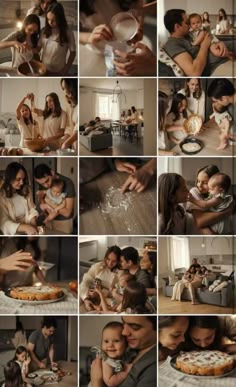 a collage of photos showing people and their families preparing food at the kitchen table