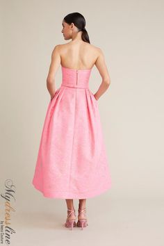 Looking for a unique and stylish dress for your next special event? Check out the Audrey+Brooks 6237 Strapless midi dress! This gorgeous dress features a draped bodice with a bow at the waist, a full midi skirt silhouette with crinoline, and a hidden back zipper. It's also satin lined for an extra touch of luxury. Made from 83% ACRYLIC and 17% POLYMETALLIC, this dress is sure to turn heads wherever you go. Feminine A-line Strapless Evening Dress, Feminine A-line Strapless Dress For Evening, Elegant A-line Strapless Dress For Gala, Elegant Pink Strapless Midi Dress, Pink Tea Length Evening Dress, Pink Tea-length Evening Dress, Chic Jacquard Dresses For Weddings, Feminine Strapless Evening Dress For Gala, Gala Jacquard Dress With Fitted Bodice