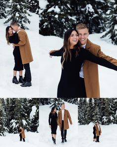 a man and woman standing in the snow with their arms around each other, smiling