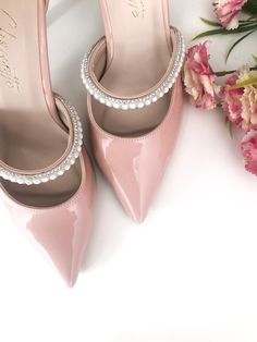 Baby Pink Pearl Stripes Stiletto, Pumps for women, Pearl for Wedding, Wedding Bridal shoes, Bridal High heels, Wedding Pumps, Ankle strap Our Emily Pink / Leather model is with you with a special stiletto mold...  These invitation shoes, which reveal their difference with their design, are qualified to complete many combinations. Thanks to its fine structure, your steps will not tire you at all that day. Due to the fact that the insole has a soft pad, you will not compromise on your comfort.  It Pink Wedding Shoes Low Heel, Bridal High Heels, Pink Bridal Shoes, Pink Stiletto Heels, Blush Wedding Shoes, Blush Pumps, Baby Pink Wedding, Pearl Wedding Shoes, Pink And White Weddings