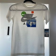 New With Tags, Great Price White Sporty Shirt For Summer, Nike White Tops For Summer, White Nike Tops For Spring, Blue Graphic Design Top For Spring, White Logo Print Shirt For Spring, White Shirt With Logo Print For Spring, White Sporty Shirt For Spring, Sporty White Shirt For Spring, White Sporty Shirt With Screen Print