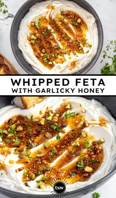 whiped feta with garlic and honey in a skillet