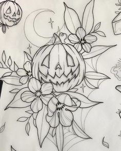 a drawing of pumpkins and flowers on paper