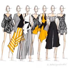 a group of women's dresses on display in front of a white background with black and yellow stripes