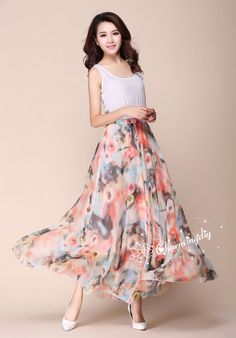 Pink Flowers Chiffon Skirt Long Maxi Sundress Beachdress Holiday Dress Women Summer Pleat Dress Beach Skirt Plus Size Dresses YM019 Detail Info: ❤ Color: as picture More color choice: https://www.etsy.com/listing/213656440/chiffon-dress-color-card?ref=shop_home_feat_1 ❤ Material: Chiffon Waist 60-100cm, Please choose the length according to your height! ❤ Care: machine wash cold and gentle, tumble low, line to dry; recommend laundry bag, it will help you to own a piece as new in a long run ❤ Not A-line Chiffon Dress For Vacation, Chic A-line Chiffon Dress For Beach, Chiffon A-line Beach Dress, Casual Chiffon Maxi Dress Beach Cover-up, Spring Breezy Maxi Skirt, Spring Flowy Chiffon Dress, Flowy Chiffon Spring Dress, Summer Vacation A-line Chiffon Dress, Flowy Summer Casual Chiffon Dress