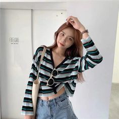 Retro V-Neck Striped Cardigan Sweater – Tomscloth Casual Striped V-neck Sweater With Long Sleeves, Casual Striped Long Sleeve V-neck Sweater, Casual Striped V-neck Cardigan, Harajuku Clothes, Baby Tees Y2k, Y2k Baby Tee, Retro Streetwear, Comfy Hoodies, Striped Cardigan